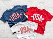 3 different Red white and blue kids USA shirts with star accents, gingham graphic tee for toddlers, cute patriotic outfit, 4th of July kids clothing