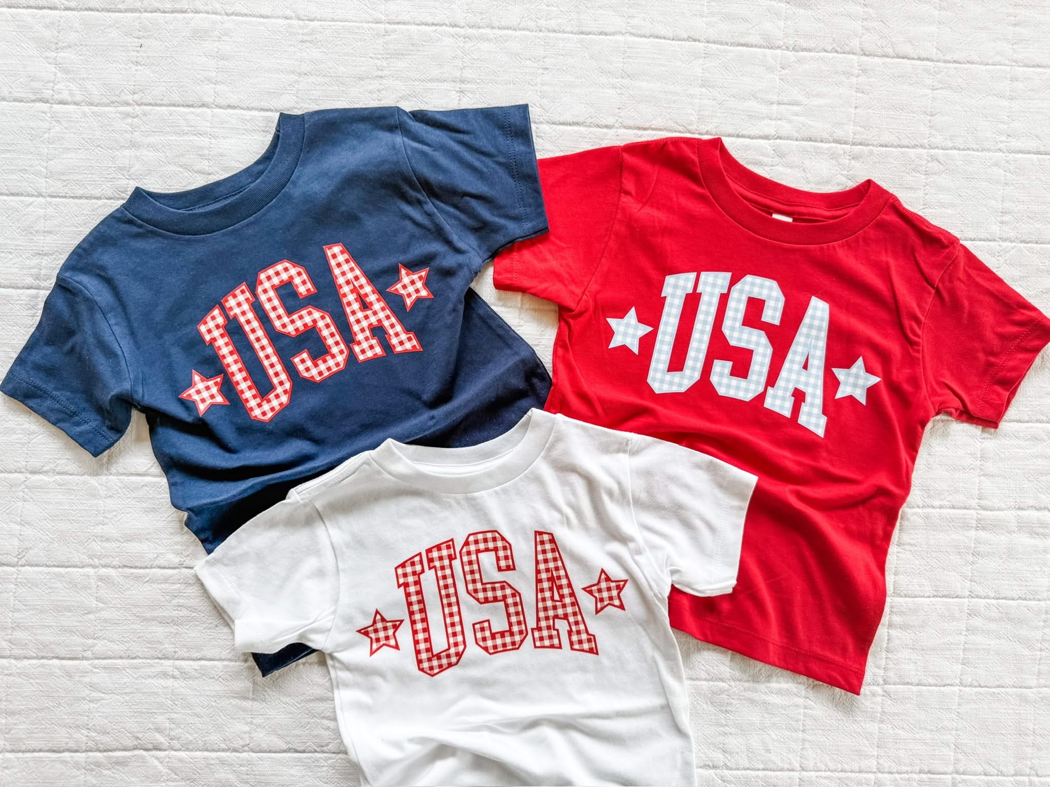 3 different Red white and blue kids USA shirts with star accents, gingham graphic tee for toddlers, cute patriotic outfit, 4th of July kids clothing