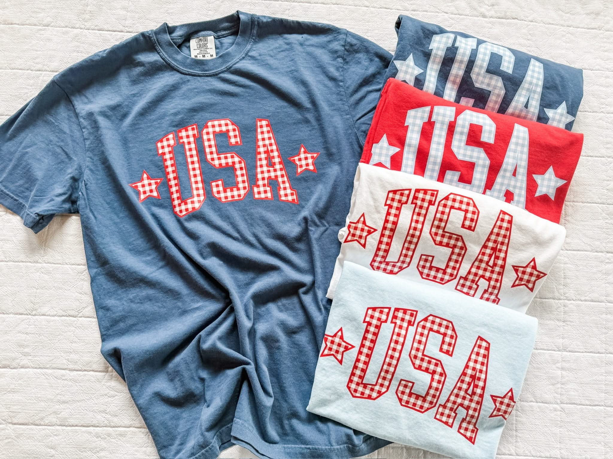Red white and blue USA shirts with gingham print, comfort colors patriotic tees, trendy 4th of July outfits for women