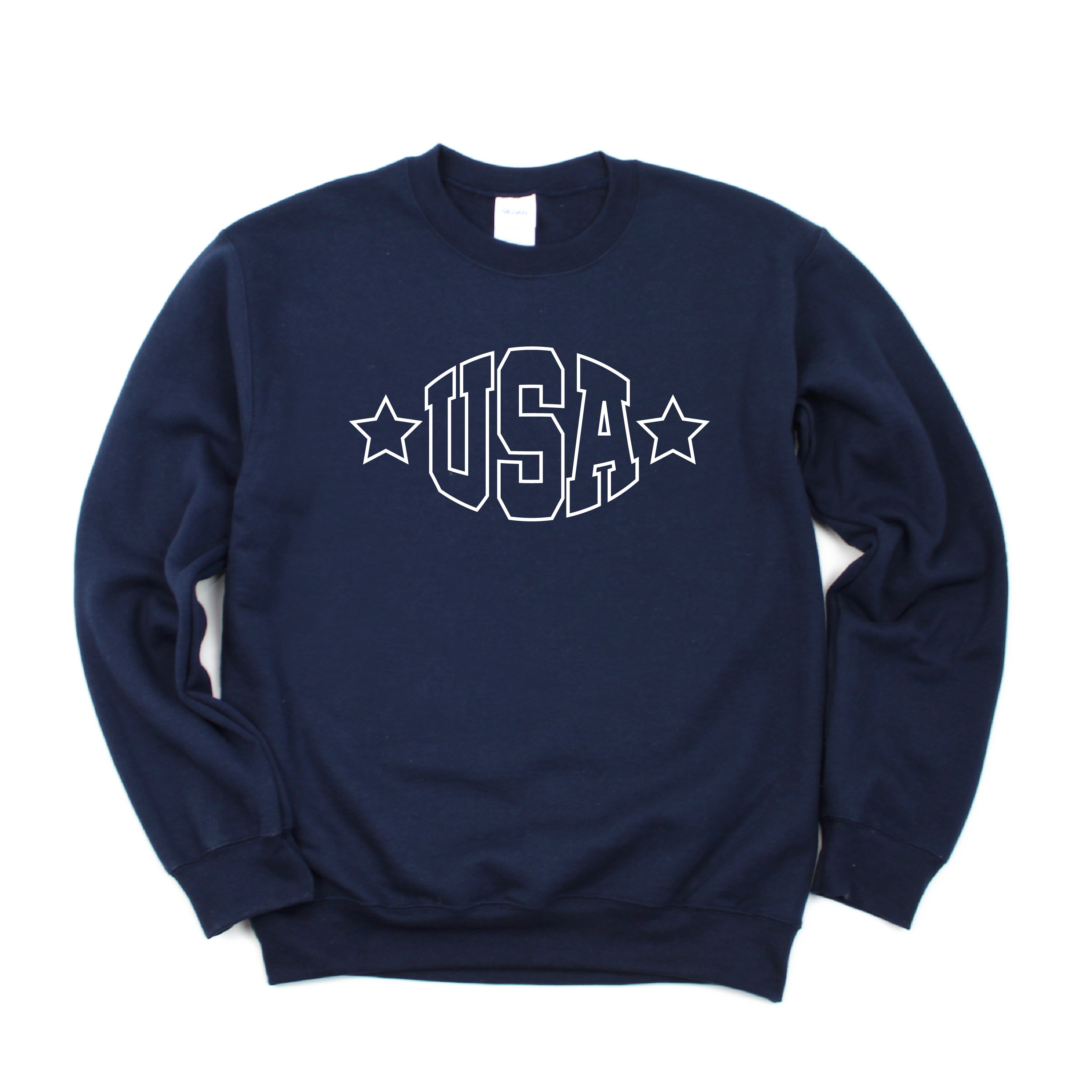 USA - Hollow Font - BASIC FLEECE CREWNECK Little Mama Shirt Shop LLC