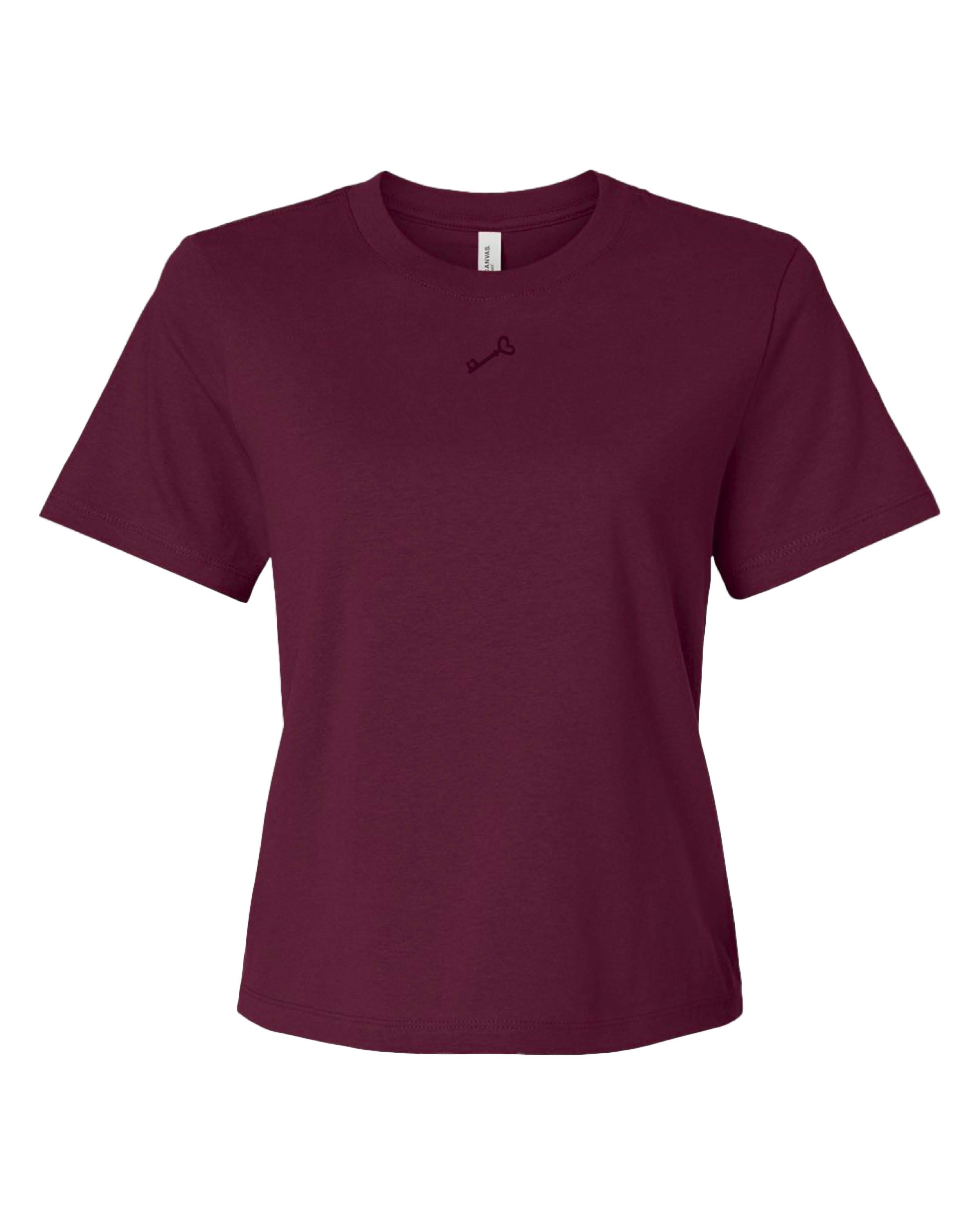 Adult tee in maroon with mini symbol key design on front, shown on flat lay – Little Mama Shirt Shop