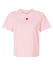 Adult tee in soft pink with mini symbol heart design on front, shown on flat lay – Little Mama Shirt Shop