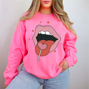 Valentine's Day Lips With Heart Lollipop - BASIC Fleece Little Mama Shirt Shop LLC