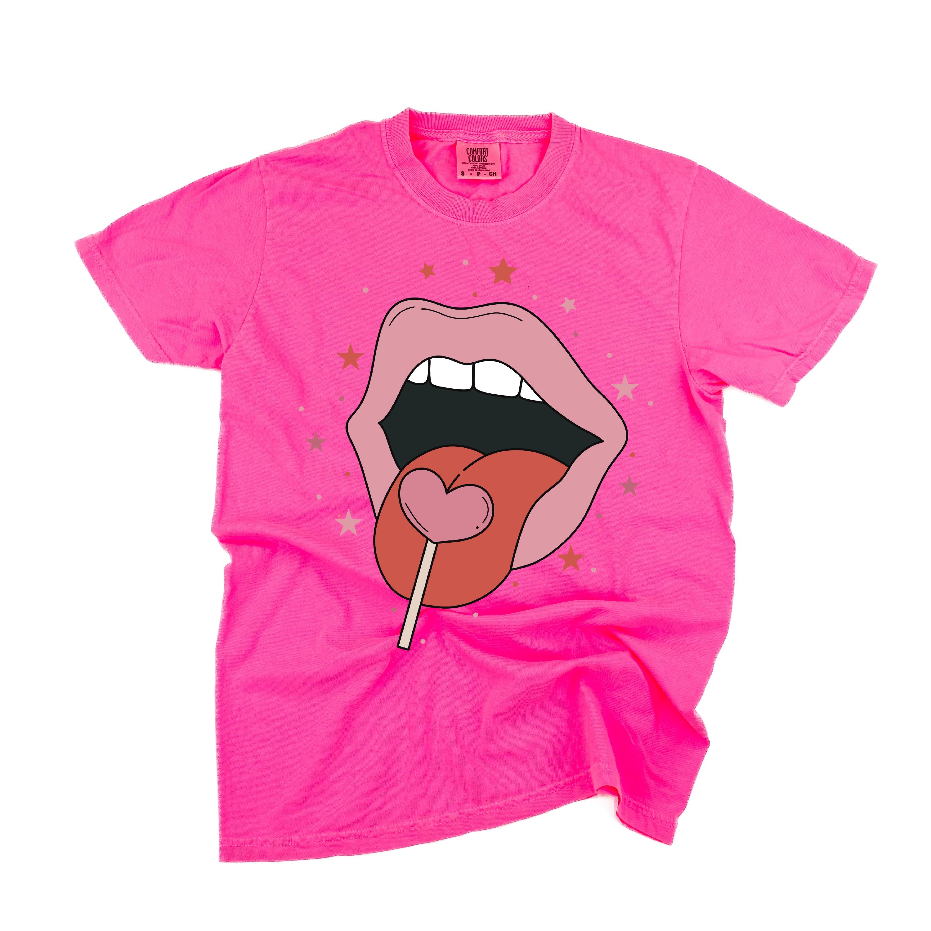 Valentine's Day Lips With Heart Lollipop - Comfort Colors Tee Little Mama Shirt Shop
