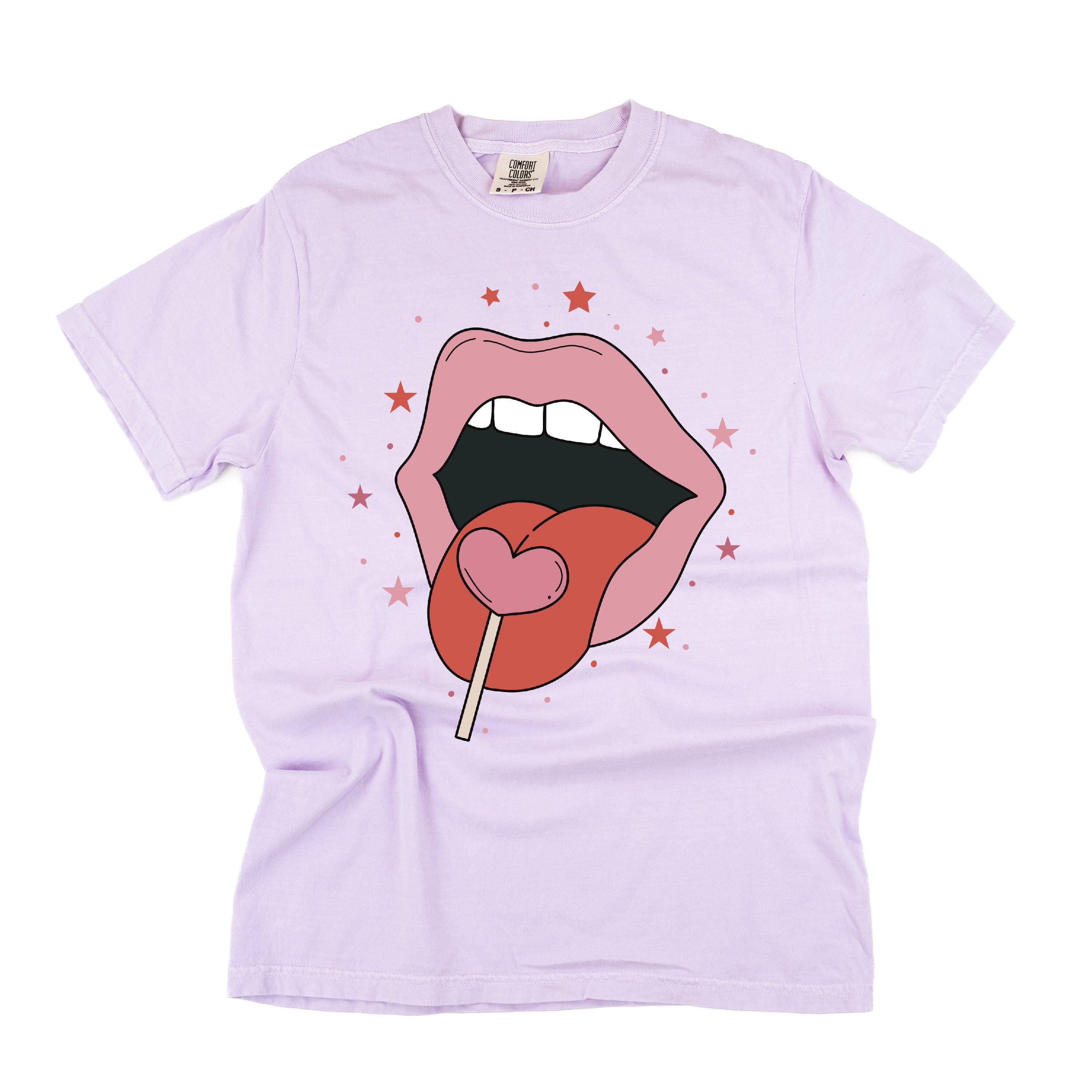 Valentine's Day Lips With Heart Lollipop - Comfort Colors Tee Little Mama Shirt Shop