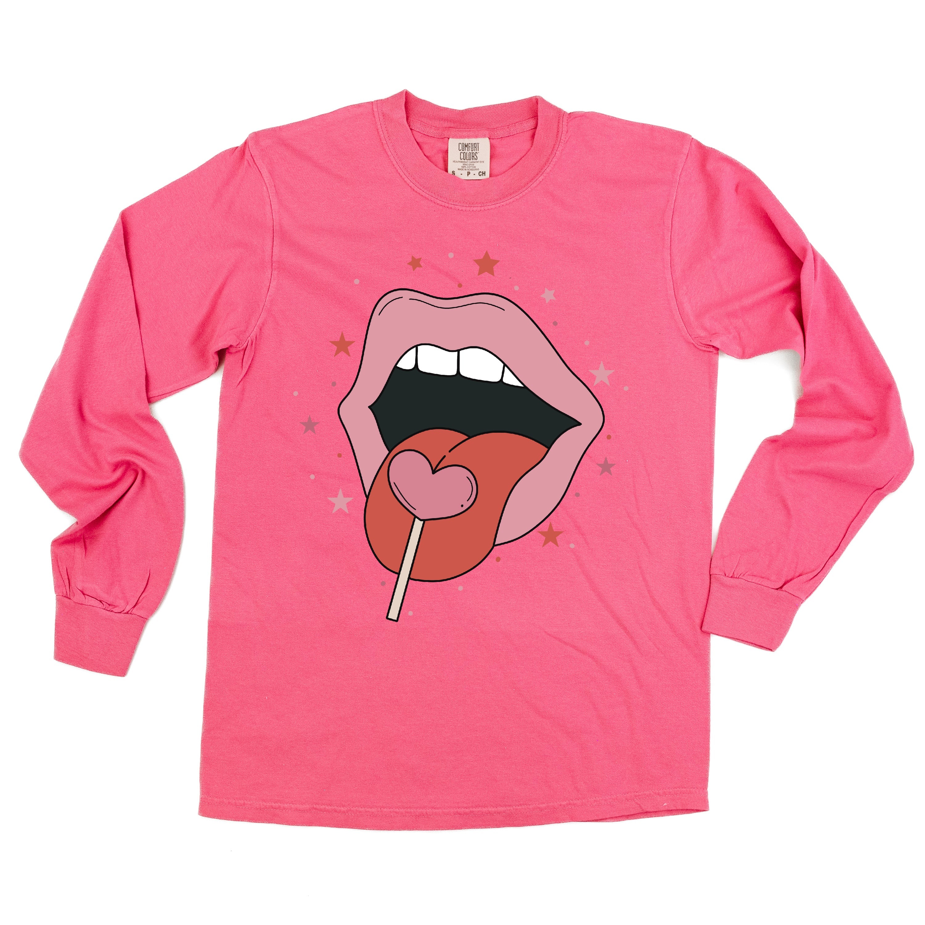 Valentine's Day Lips With Heart Lollipop - LONG SLEEVE Comfort Colors Tee Little Mama Shirt Shop