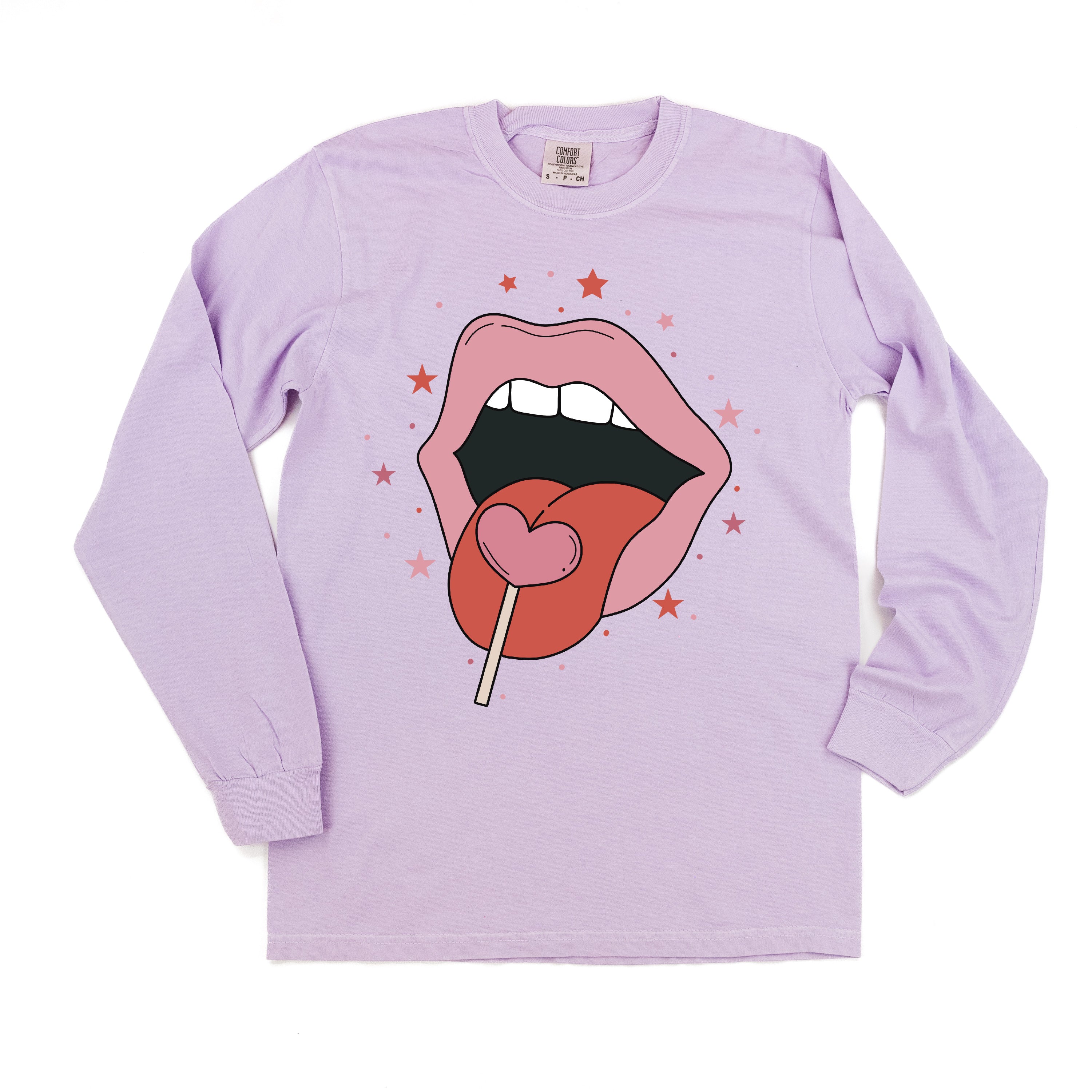 Valentine's Day Lips With Heart Lollipop - LONG SLEEVE Comfort Colors Tee Little Mama Shirt Shop