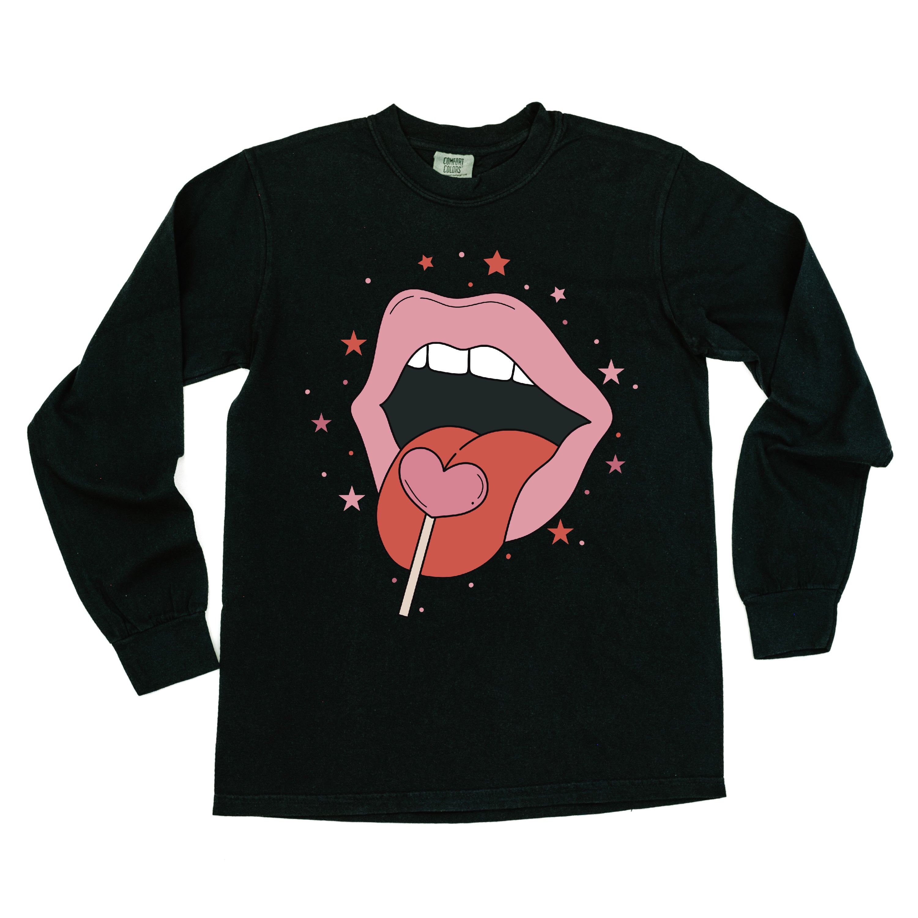 Valentine's Day Lips With Heart Lollipop - LONG SLEEVE Comfort Colors Tee Little Mama Shirt Shop