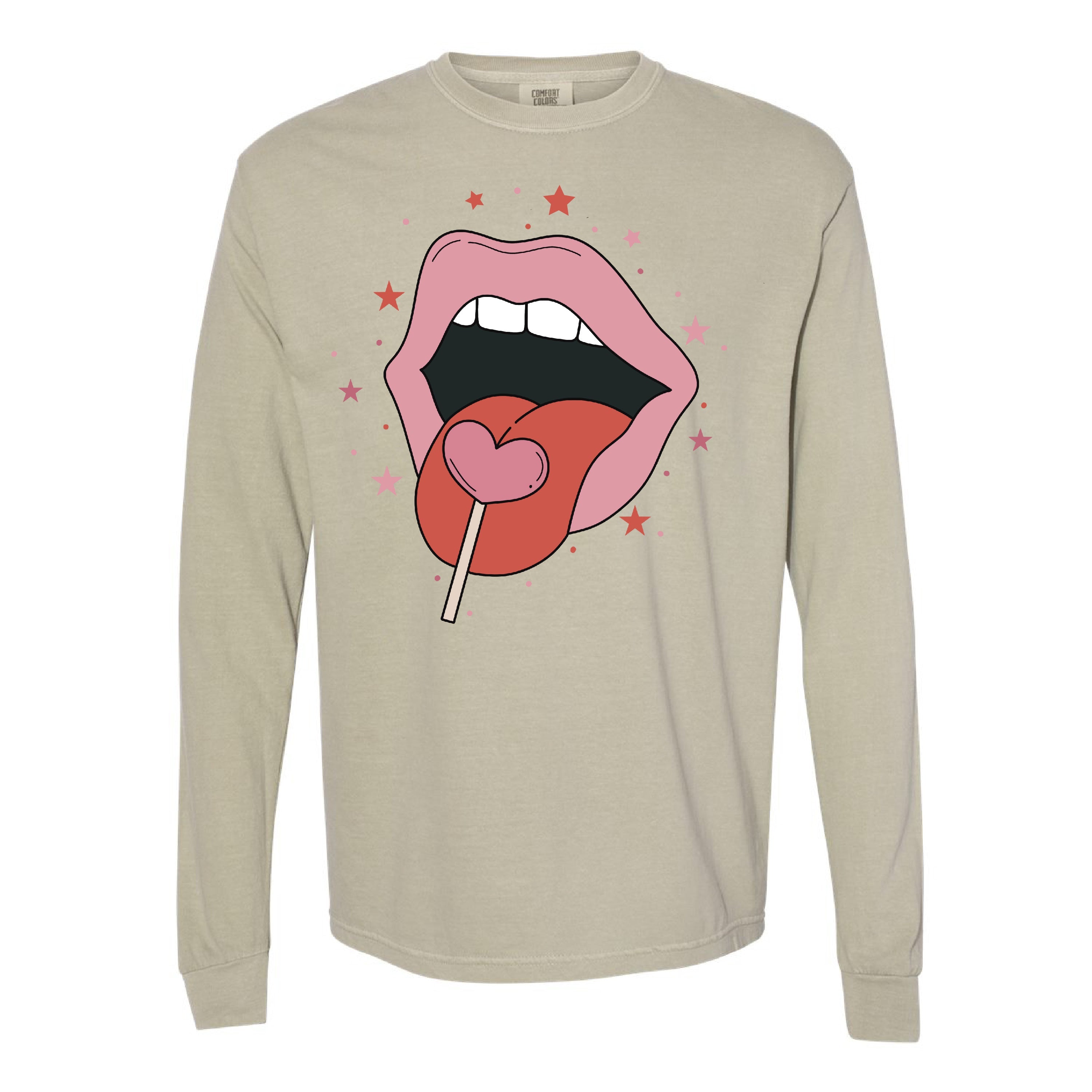Valentine's Day Lips With Heart Lollipop - LONG SLEEVE Comfort Colors Tee Little Mama Shirt Shop