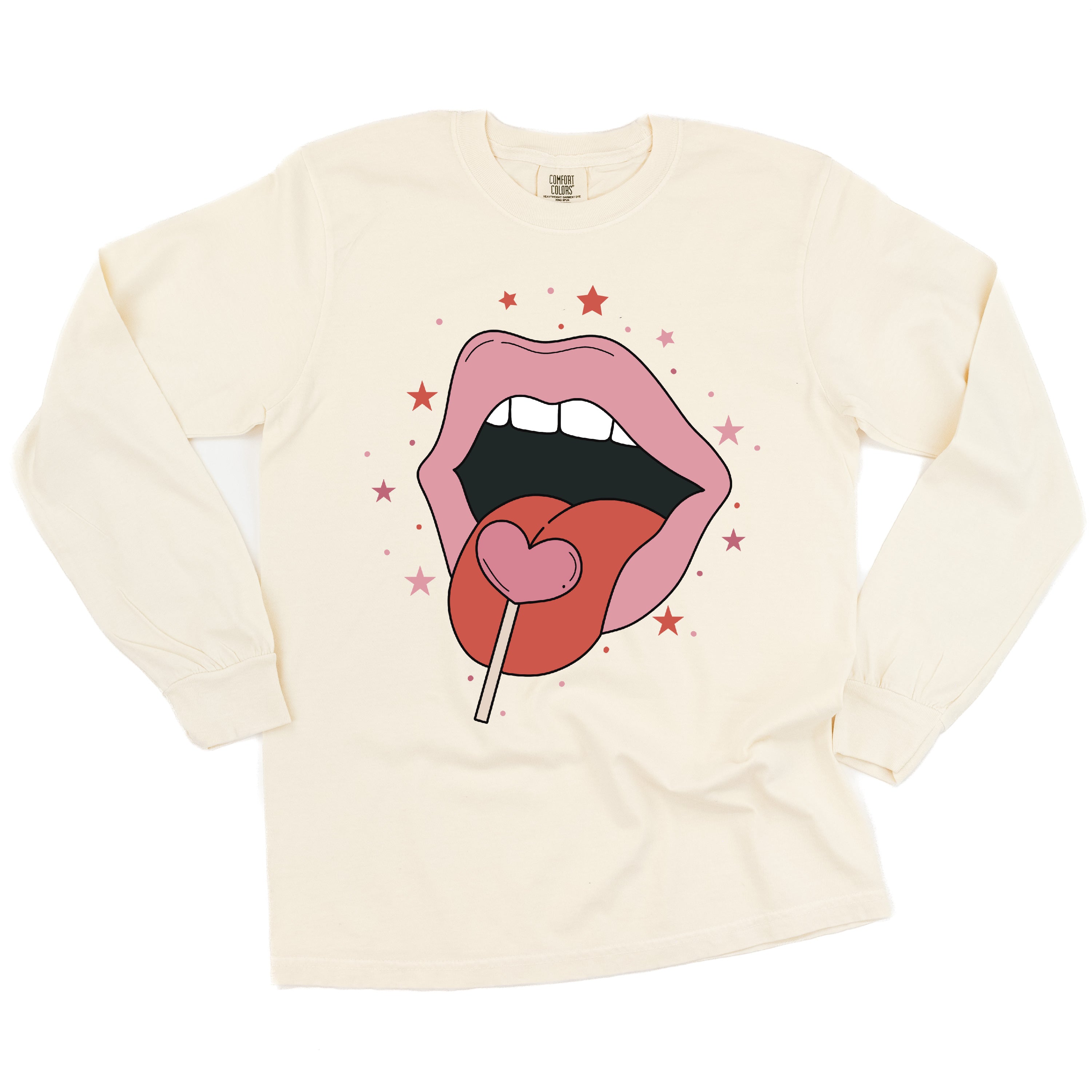 Valentine's Day Lips With Heart Lollipop - LONG SLEEVE Comfort Colors Tee Little Mama Shirt Shop