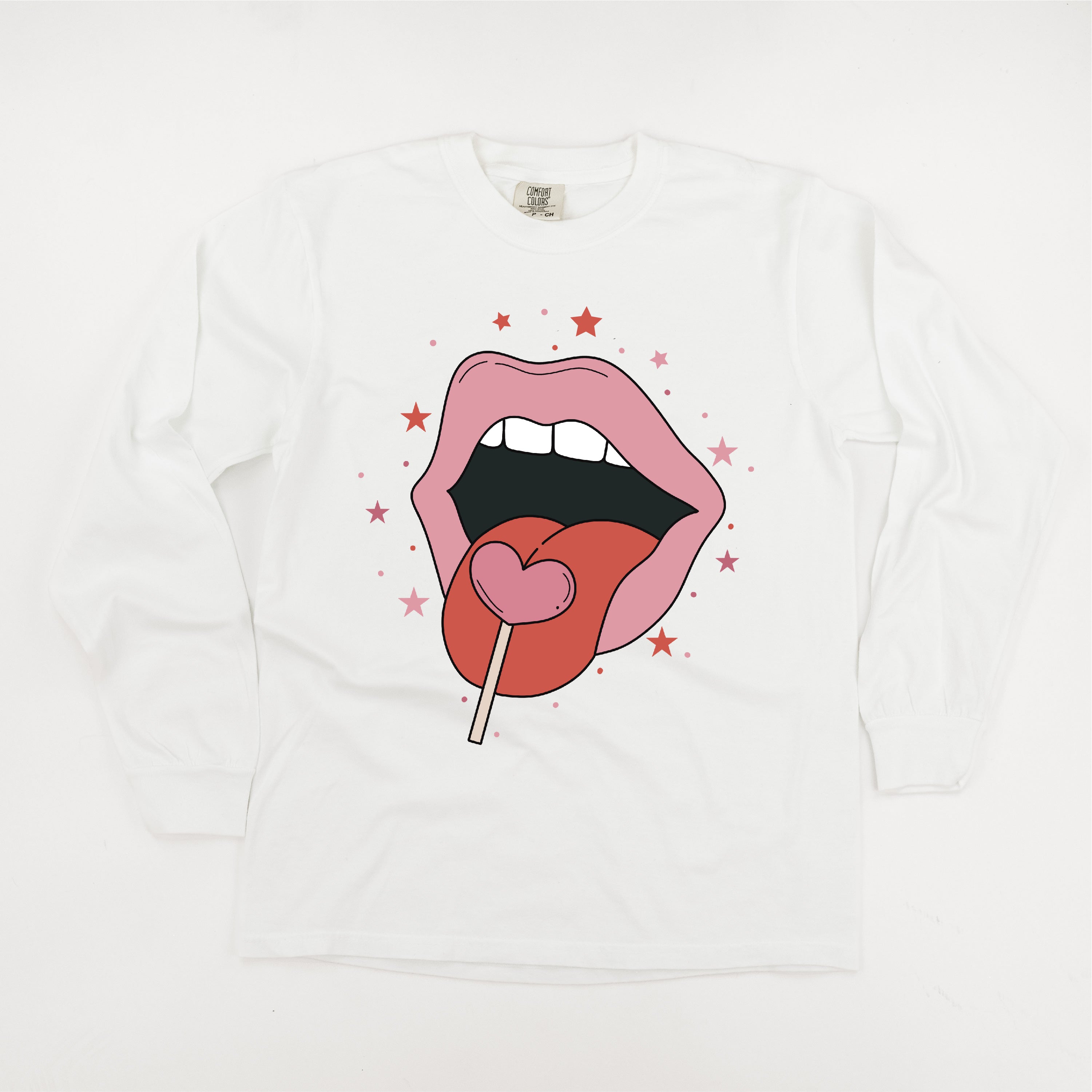 Valentine's Day Lips With Heart Lollipop - LONG SLEEVE Comfort Colors Tee Little Mama Shirt Shop