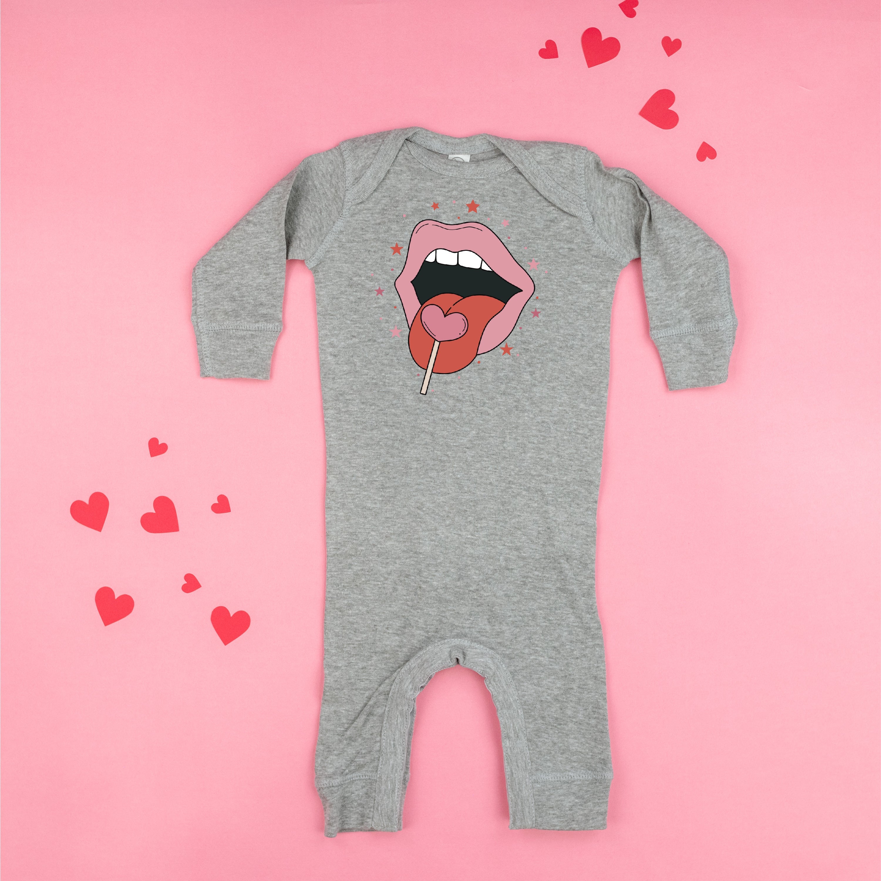 Valentine's Day Lips With Heart Lollipop - Baby Sleeper Little Mama Shirt Shop