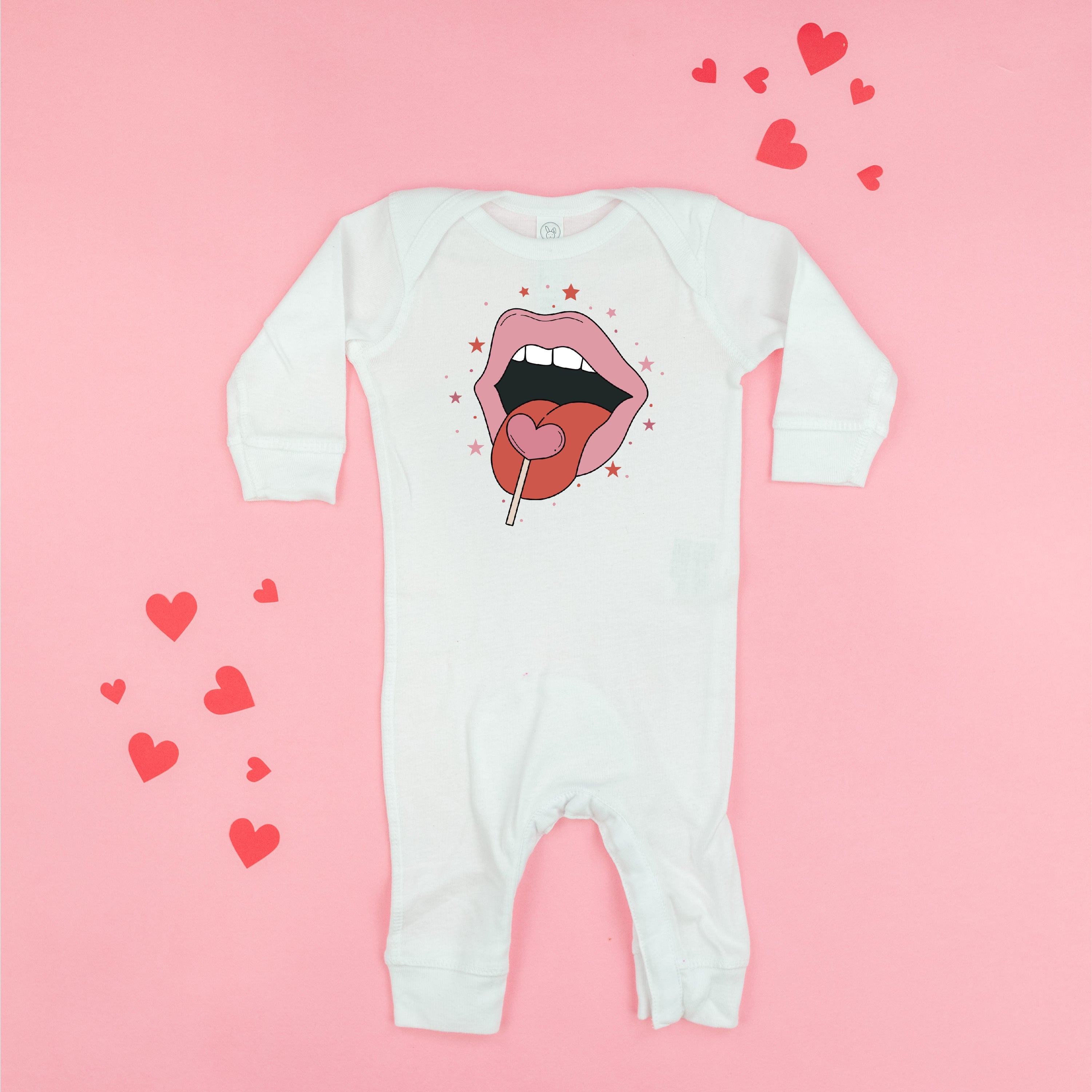 Valentine's Day Lips With Heart Lollipop - Baby Sleeper Little Mama Shirt Shop