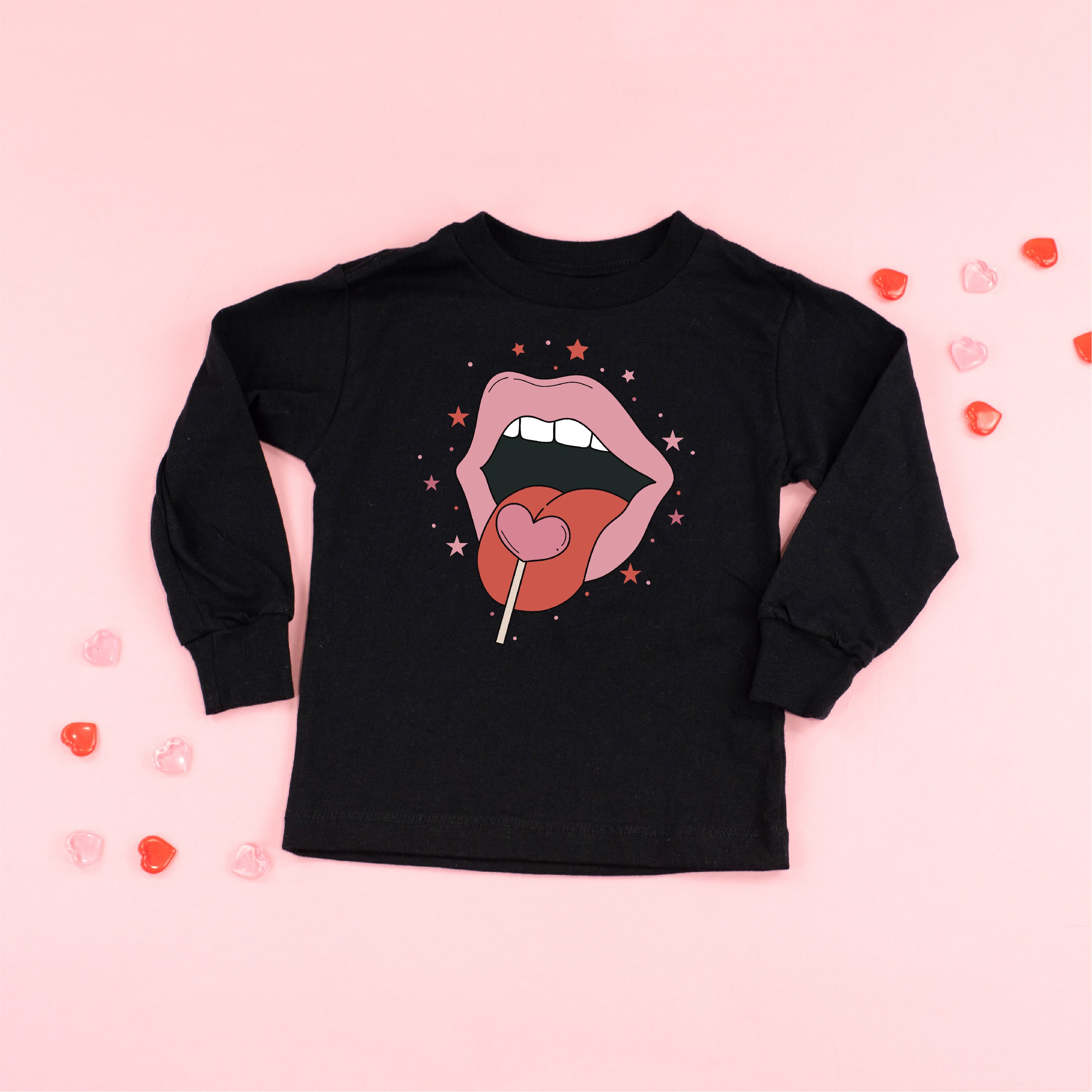 Valentine's Day Lips With Heart Lollipop - Child Long Sleeve Tee Little Mama Shirt Shop