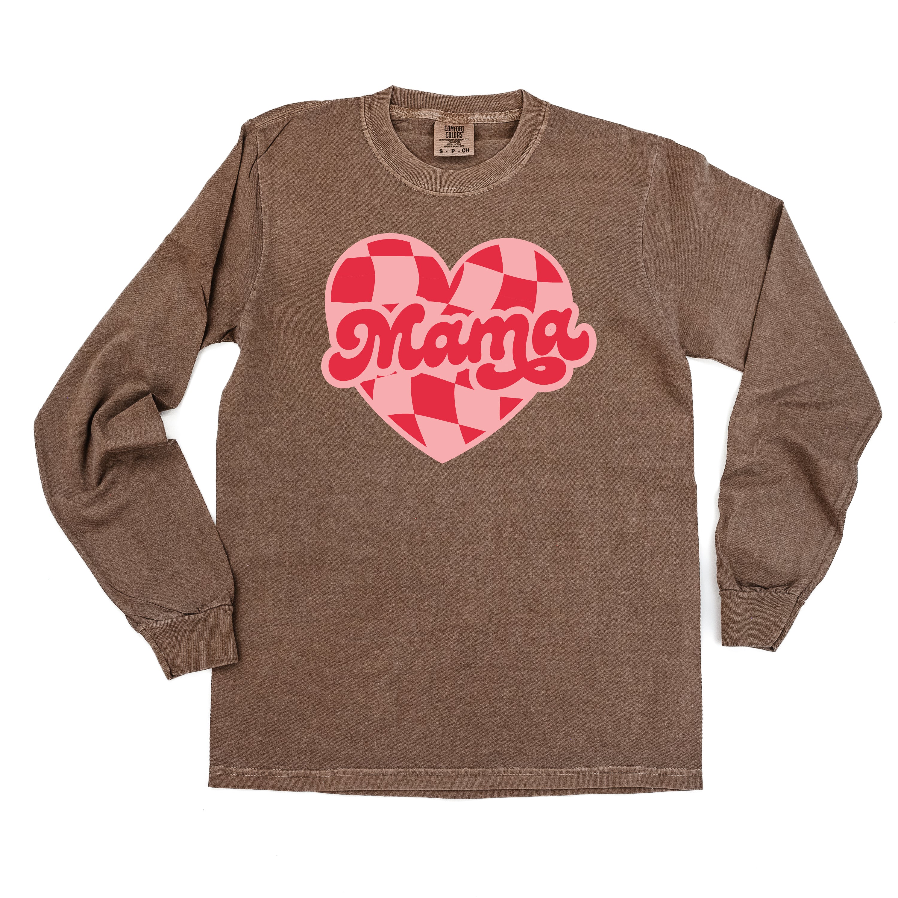 Mama - Pink & Red Checker Heart - LONG SLEEVE Comfort Colors Tee Little Mama Shirt Shop