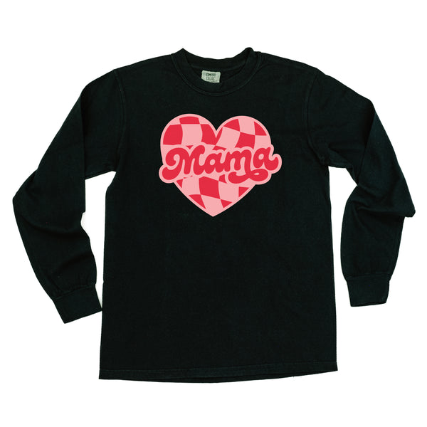 Mama - Pink & Red Checker Heart - LONG SLEEVE Comfort Colors Tee