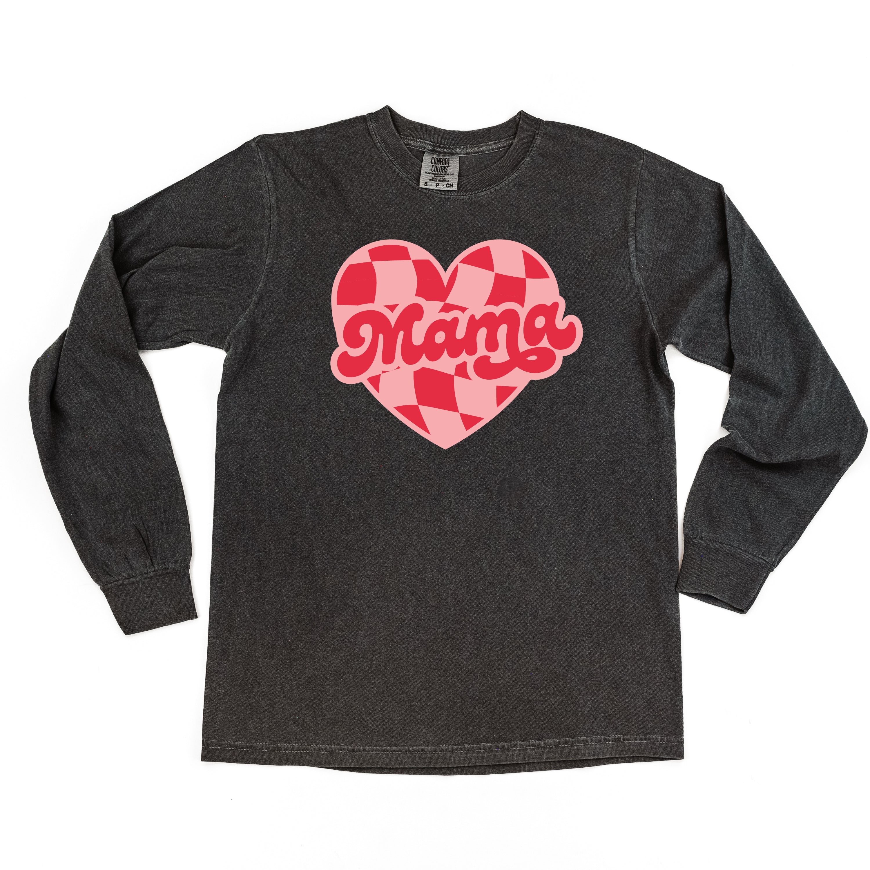 Mama - Pink & Red Checker Heart - LONG SLEEVE Comfort Colors Tee Little Mama Shirt Shop