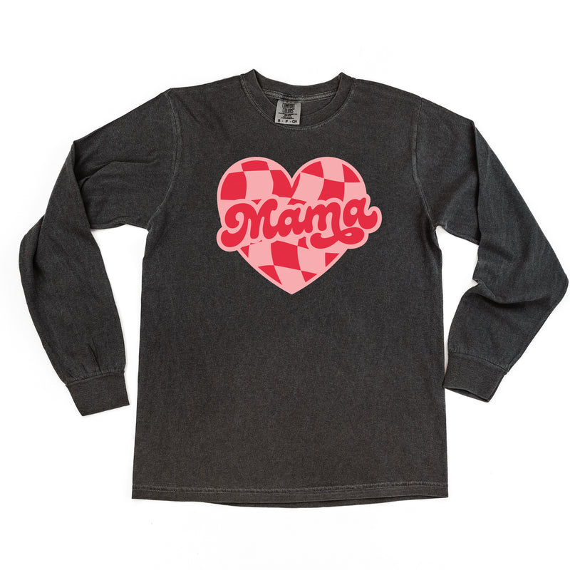 Mama - Pink & Red Checker Heart - LONG SLEEVE Comfort Colors Tee