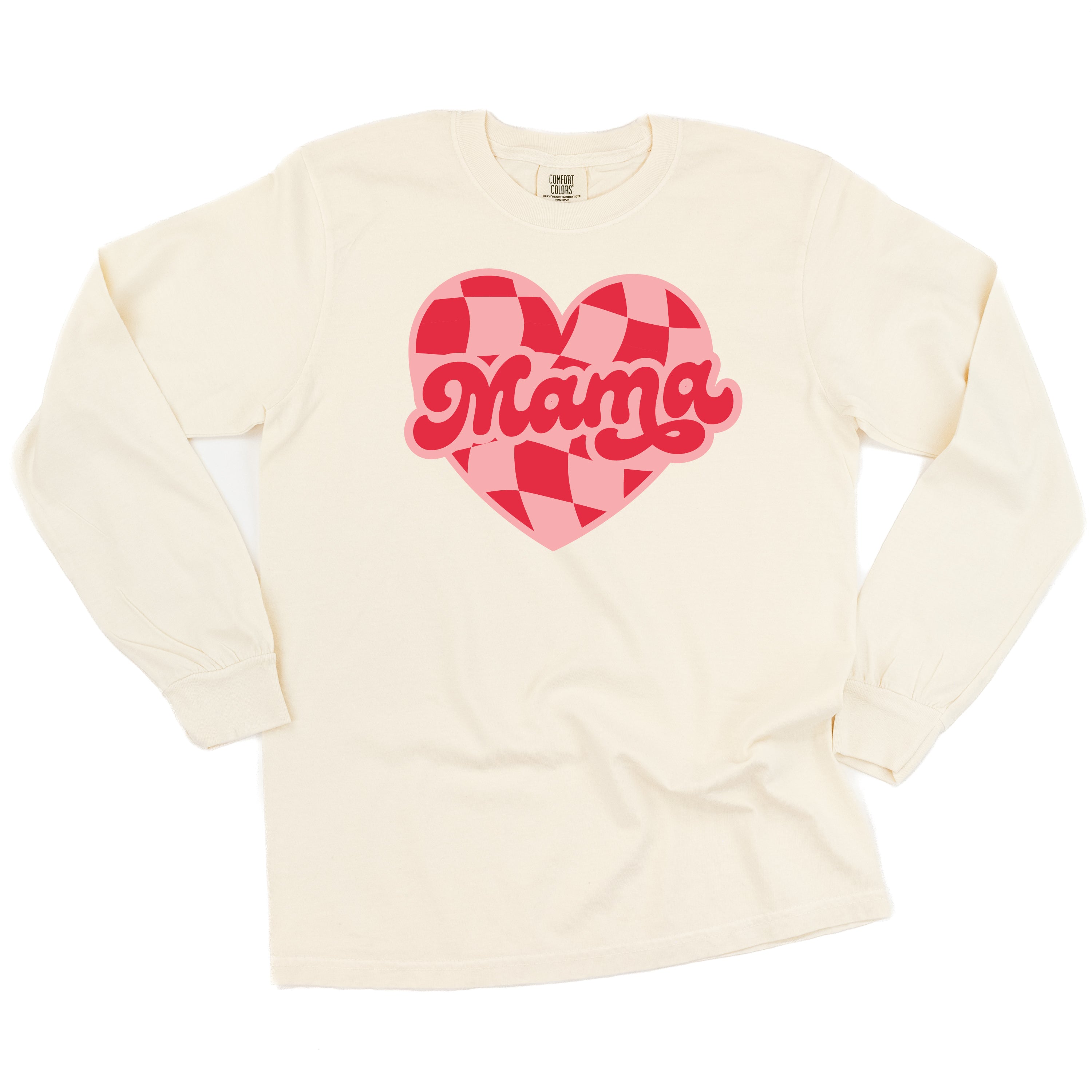 Mama - Pink & Red Checker Heart - LONG SLEEVE Comfort Colors Tee Little Mama Shirt Shop