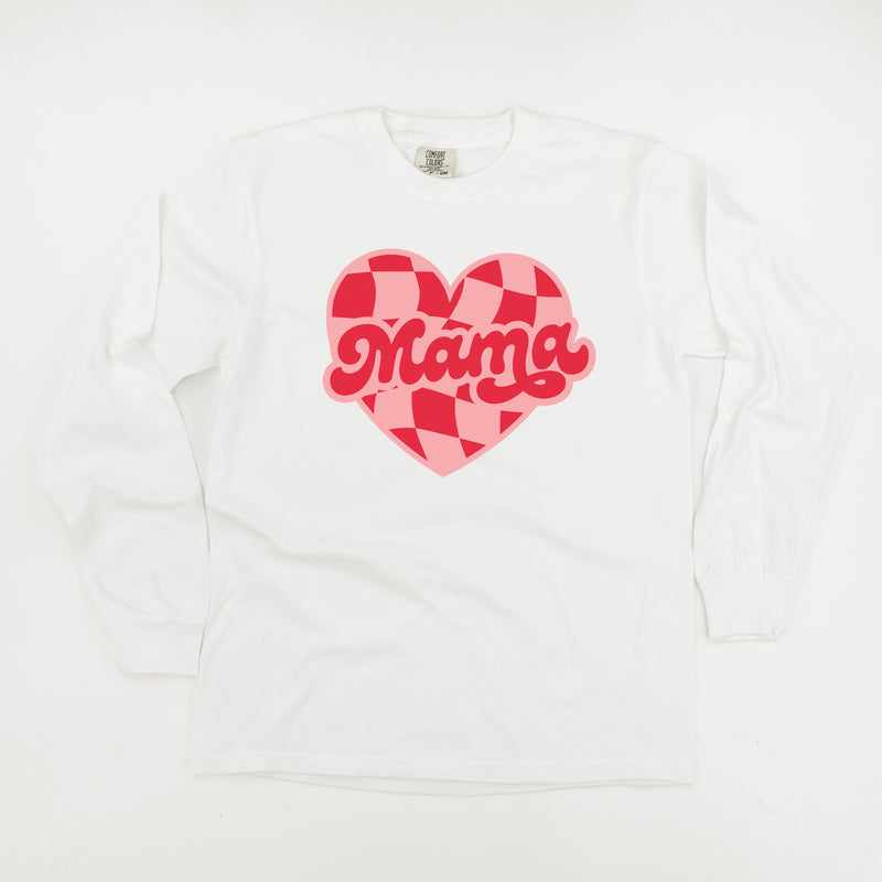 Mama - Pink & Red Checker Heart - LONG SLEEVE Comfort Colors Tee