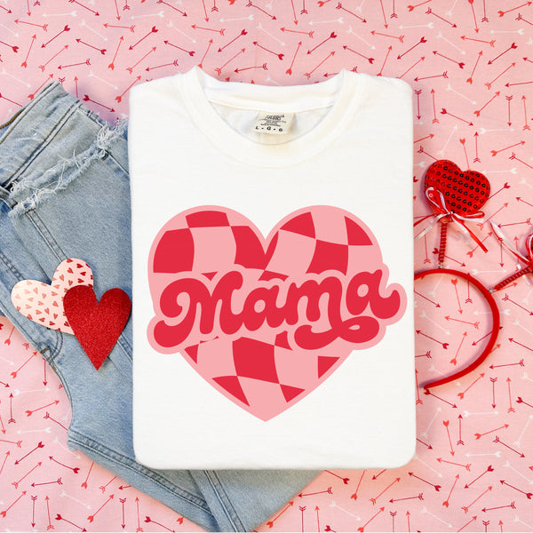 Mama - Pink & Red Checker Heart - Comfort Colors Tee