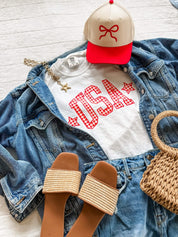 USA graphic tees with gingham design, red white and blue mom outfit, comfort colors patriotic shirts for summer