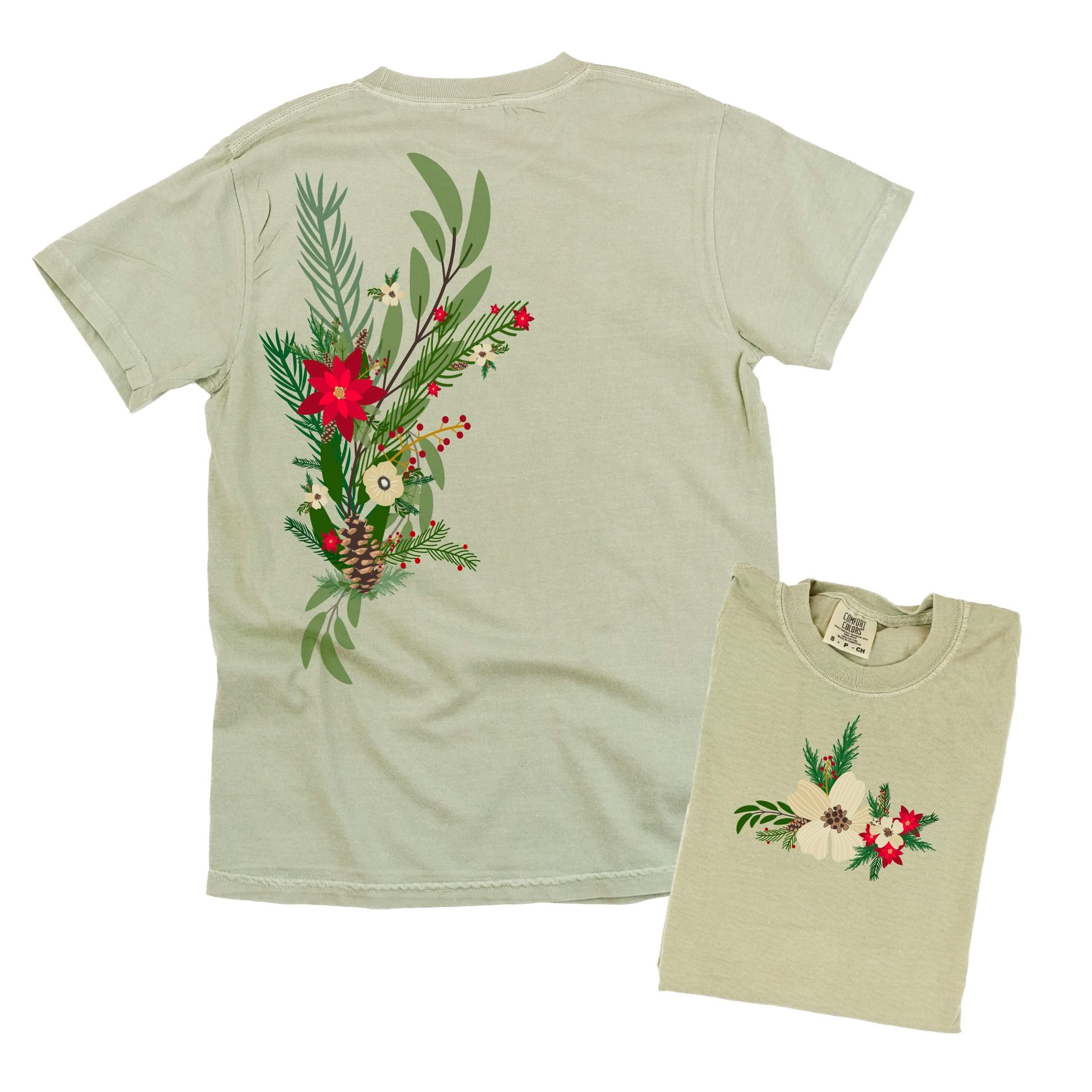 Poinsettia & Winter Flower Cascade (centered & b) - Comfort Colors Tee Little Mama Shirt Shop