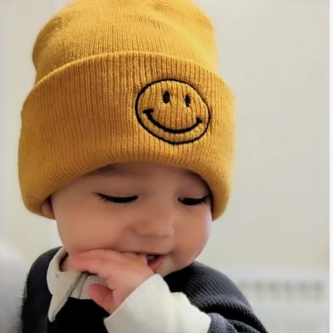 Child Beanie - Smiley Face - Mustard w/ Black Little Mama Shirt Shop LLC
