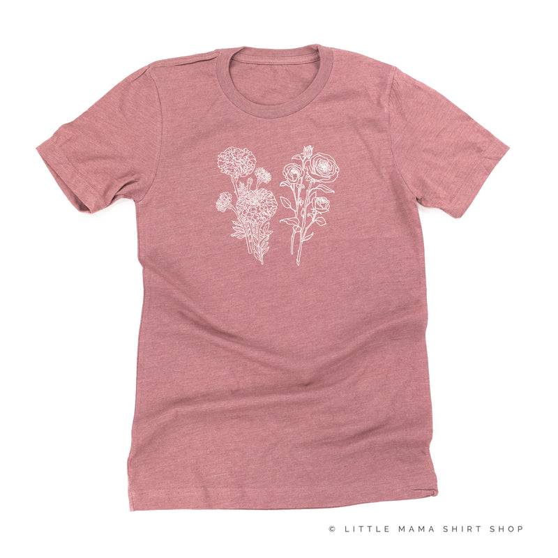 2 ACROSS BIRTH FLOWERS - Build Your Own - Unisex Tee