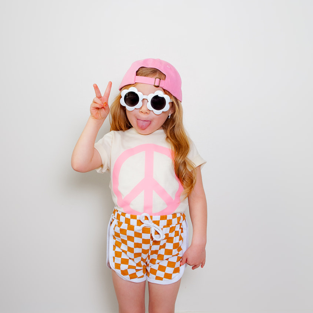 Peace Sign - Full Size Design on Front (Pink) - Short Sleeve Child Shirt Little Mama Shirt Shop