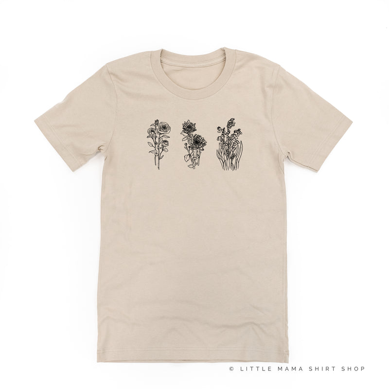 3 ACROSS BIRTH FLOWERS - Build Your Own - Unisex Tee