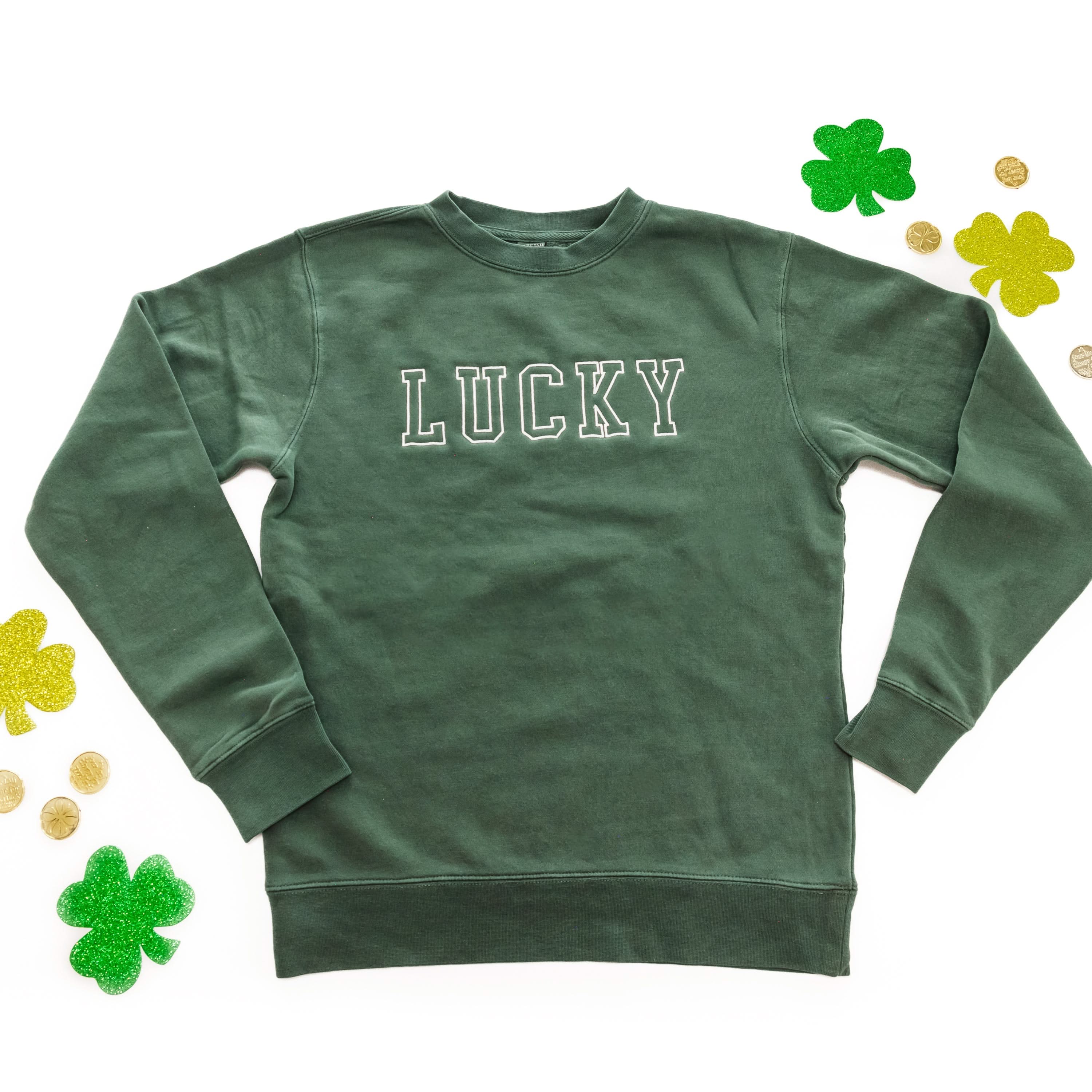 Embroidered Alpine Green PIGMENT Sweatshirt - Outline LUCKY Little Mama Shirt Shop LLC