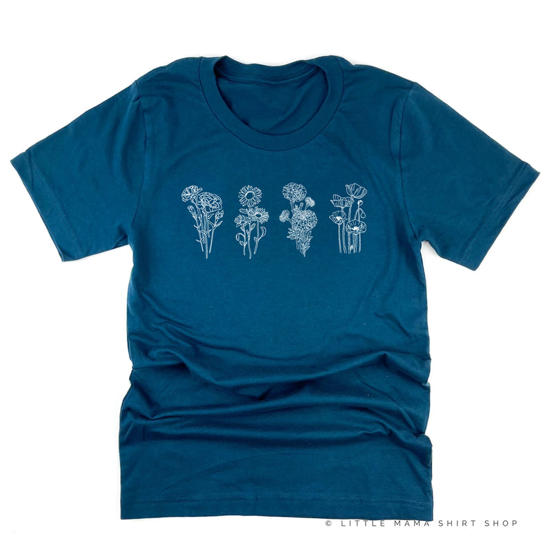 4 ACROSS BIRTH FLOWERS - Build Your Own - Unisex Tee