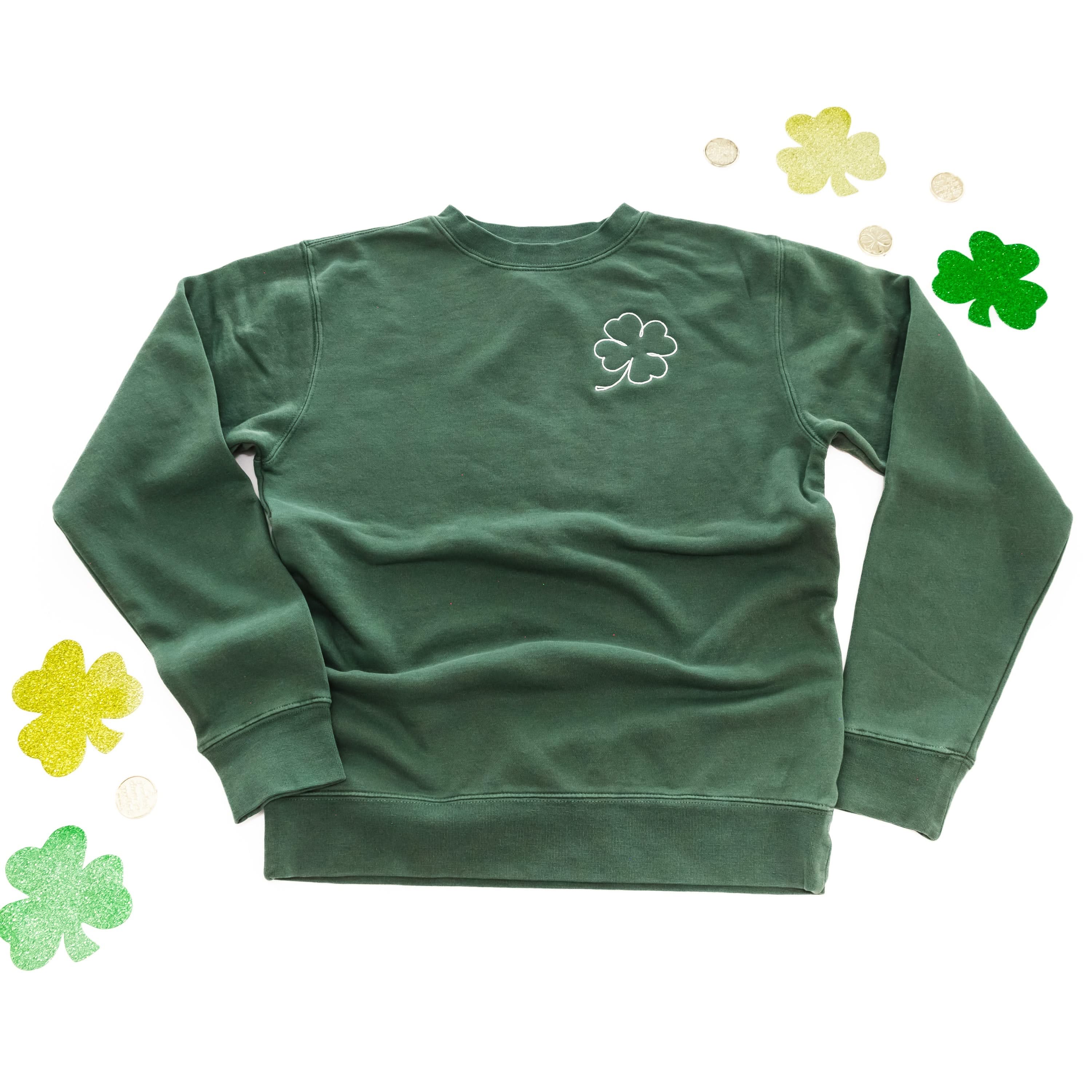 Embroidered Alpine Green PIGMENT Sweatshirt - Outline Shamrock (pocket) Little Mama Shirt Shop LLC