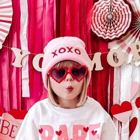 Child Beanie - XOXO - Light Pink w/ Red