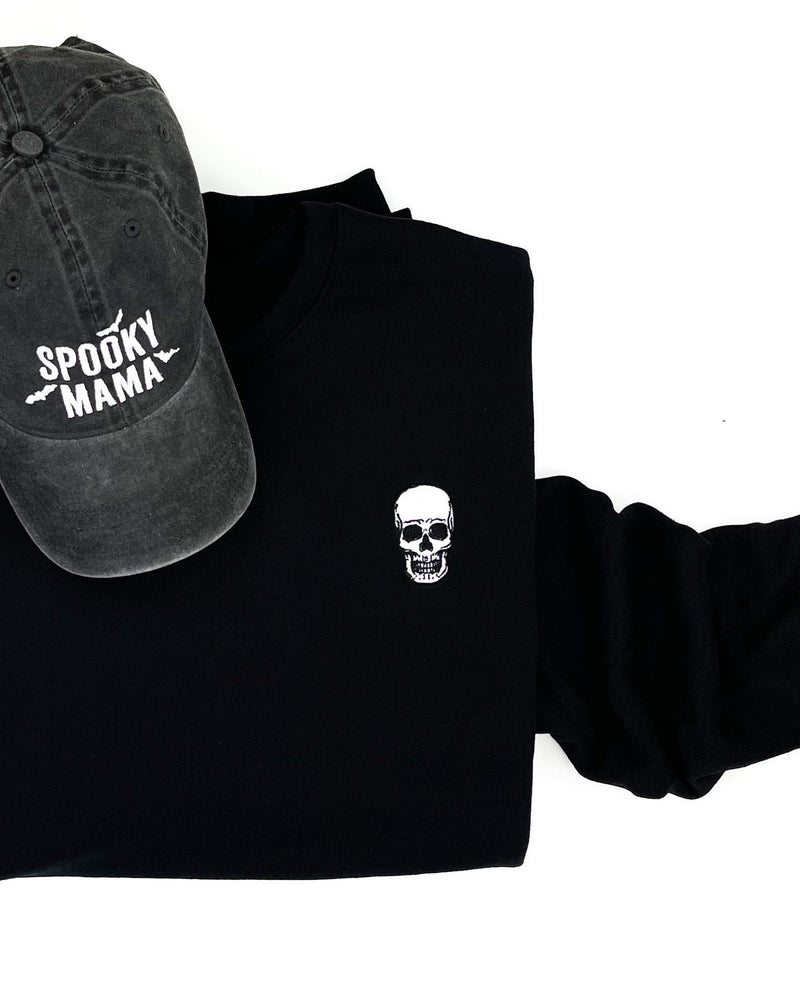 Embroidered Super Soft Fleece Crewneck - SKULL - Black w/ White