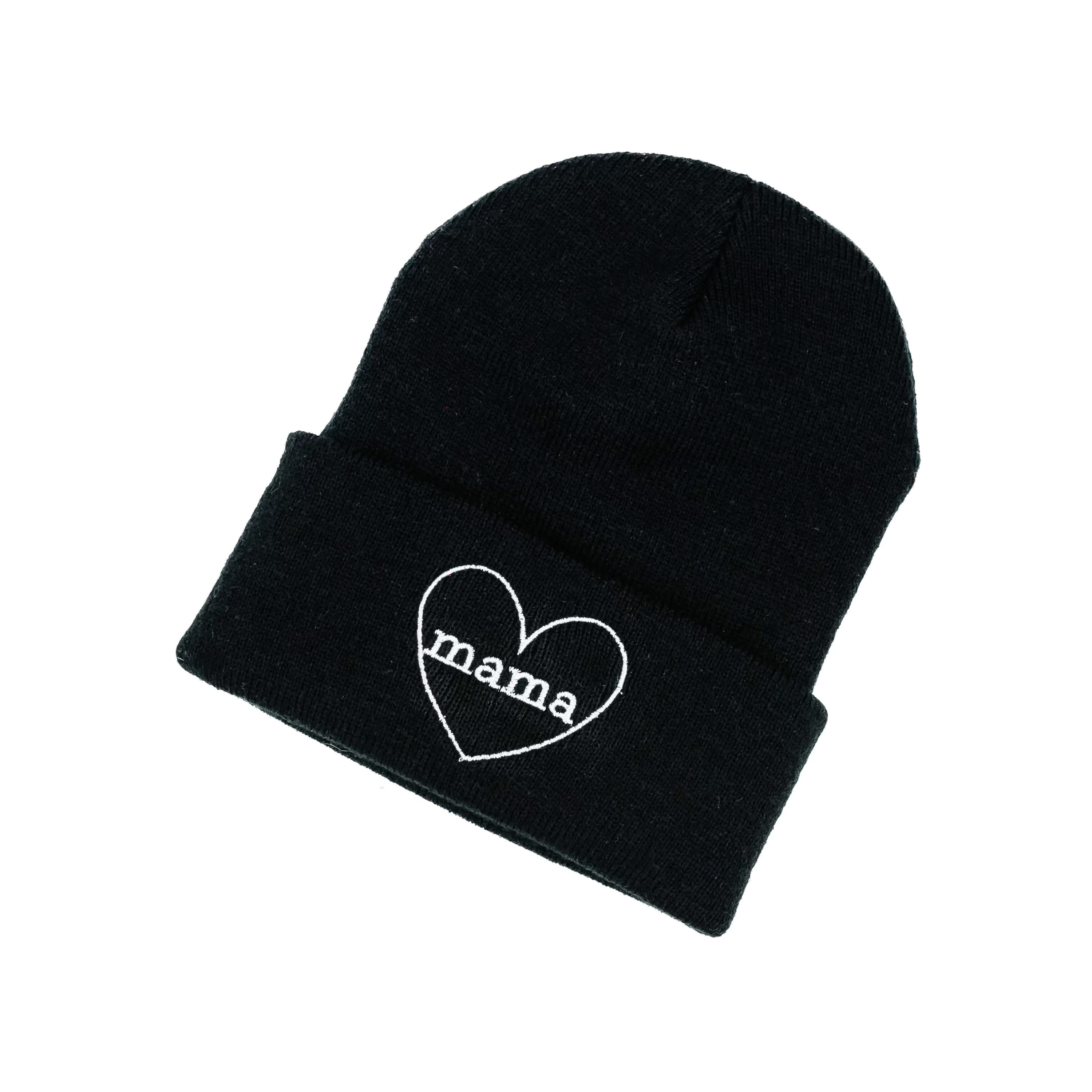 Adult Beanie - Mama Heart Around - Black w/ White Little Mama Shirt Shop LLC