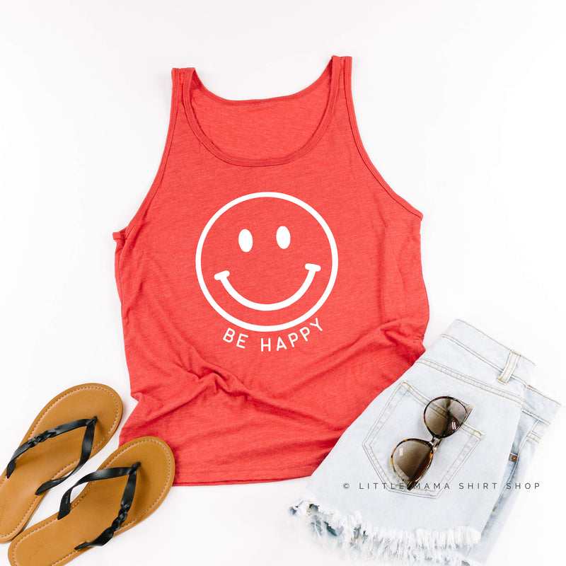 BE HAPPY - BIG SMILEY FACE - Full Design - Unisex Jersey Tank