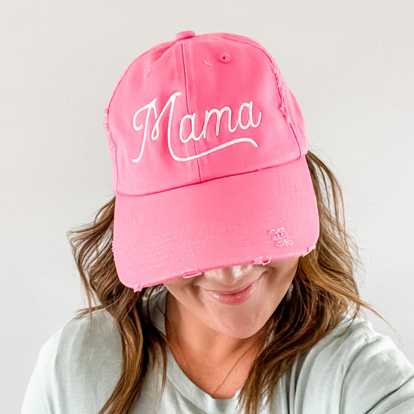 Mama (Script) - Pink - DISTRESSED Baseball Cap