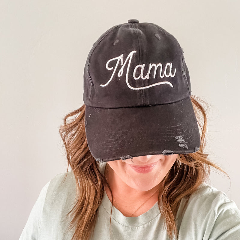 Mama (Script) - Black - DISTRESSED Baseball Cap