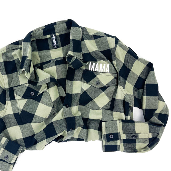 Flannel Lightweight Shacket - Olive+Black w/ MAMA Embroidery (White Thread)
