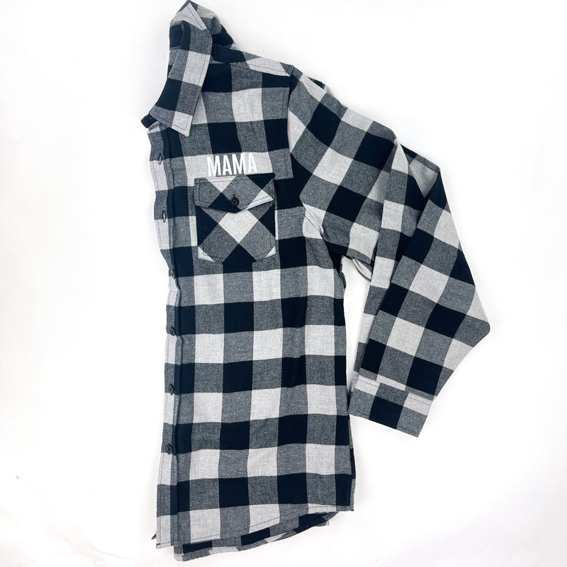 Flannel Lightweight Shacket - Black+Gray w/ MAMA Embroidery (White Thread)