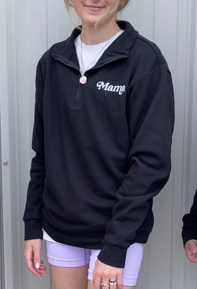 Embroidered Quarter Zip Fleece - Black w/ White Thread - Mama (Italic)