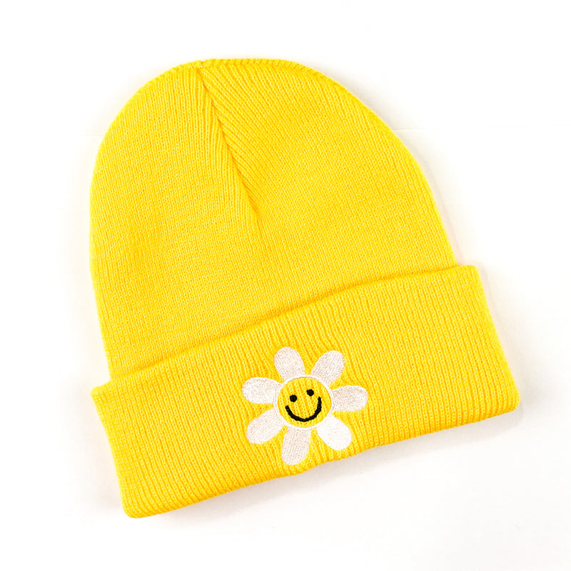 Child Beanie- Smiley Flower - Bright Yellow