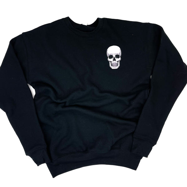 Embroidered Super Soft Fleece Crewneck - SKULL - Black w/ White