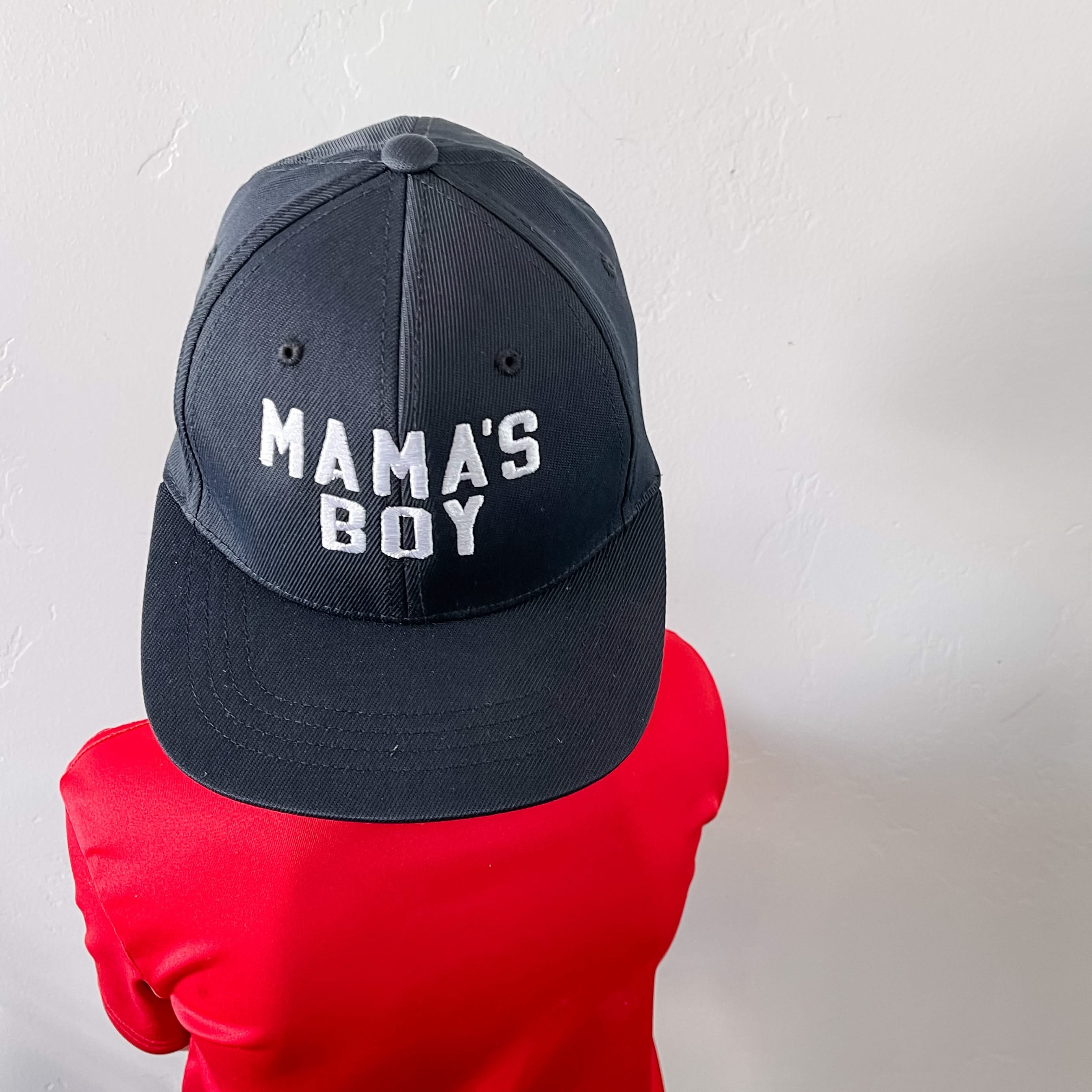 MAMA'S BOY - Child Size - Black Flat Brim Hat w/ Mesh Back Little Mama Shirt Shop