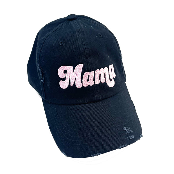 Retro Mama - DISTRESSED - Black w/ Light Pink Thread - Baseball Cap