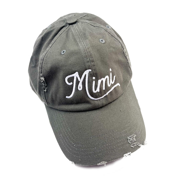 Mimi (Script) - DISTRESSED - Olive w/ White Thread - Baseball Cap