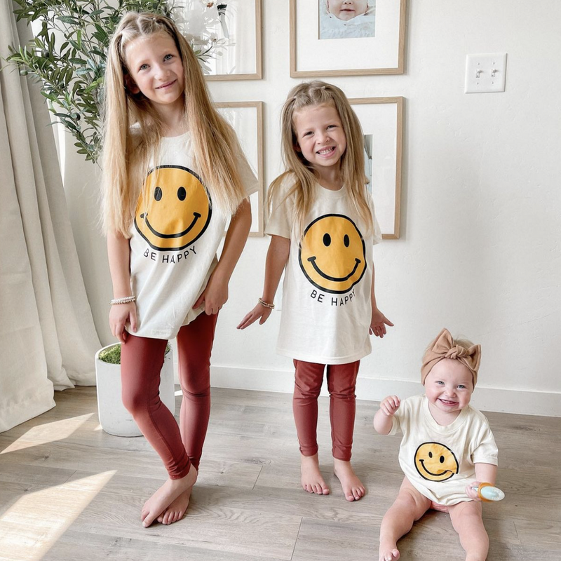 BE HAPPY - YELLOW + BLACK SMILEY FACE - Short Sleeve Child Shirt