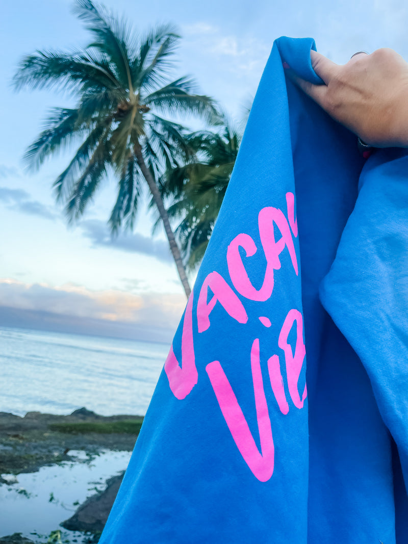 VACAY VIBES - ROYAL BLUE FLEECE - Screen Printed (Ocean Sunset on Back)